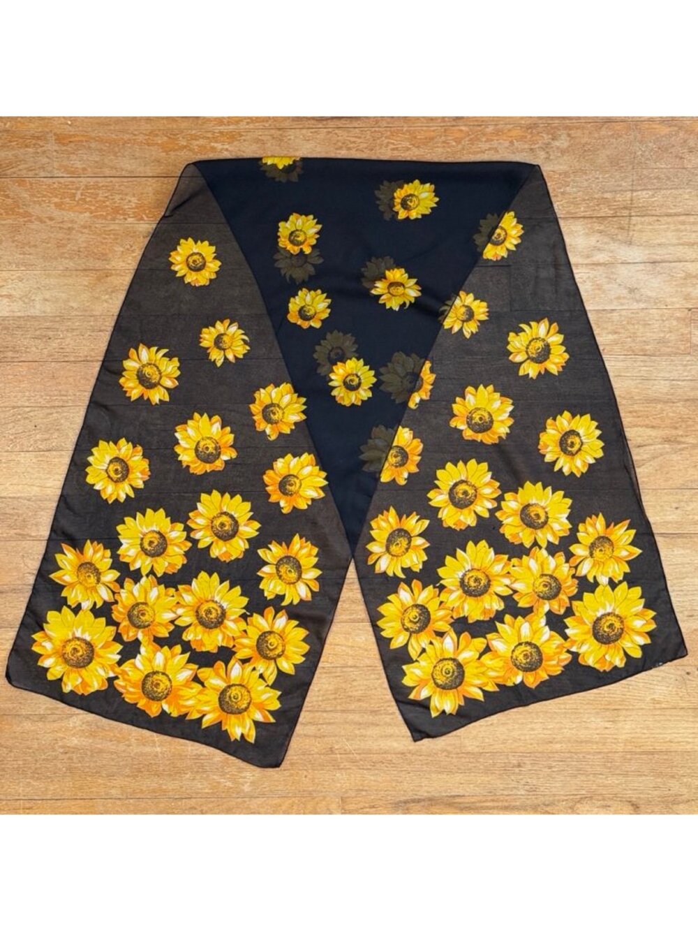 Vintage Black Sunflower Print Scarf 90s Sheer Oblong Neckscarf Floral Yellow